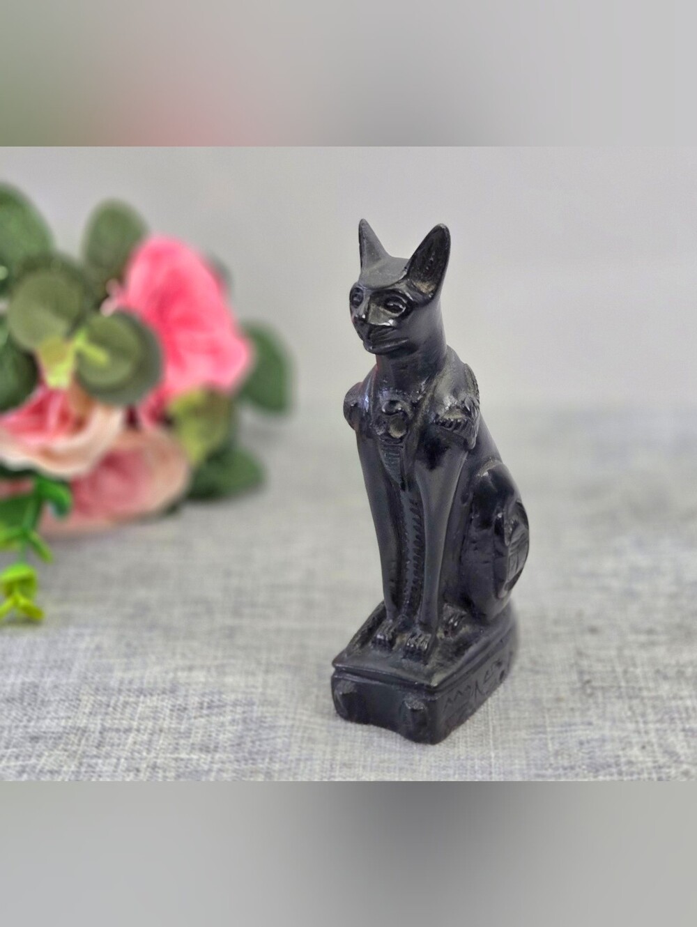 Vintage Hand Carved Stone Egyptian Cat Statue Bastet Goddess Basalt Figurine 6"